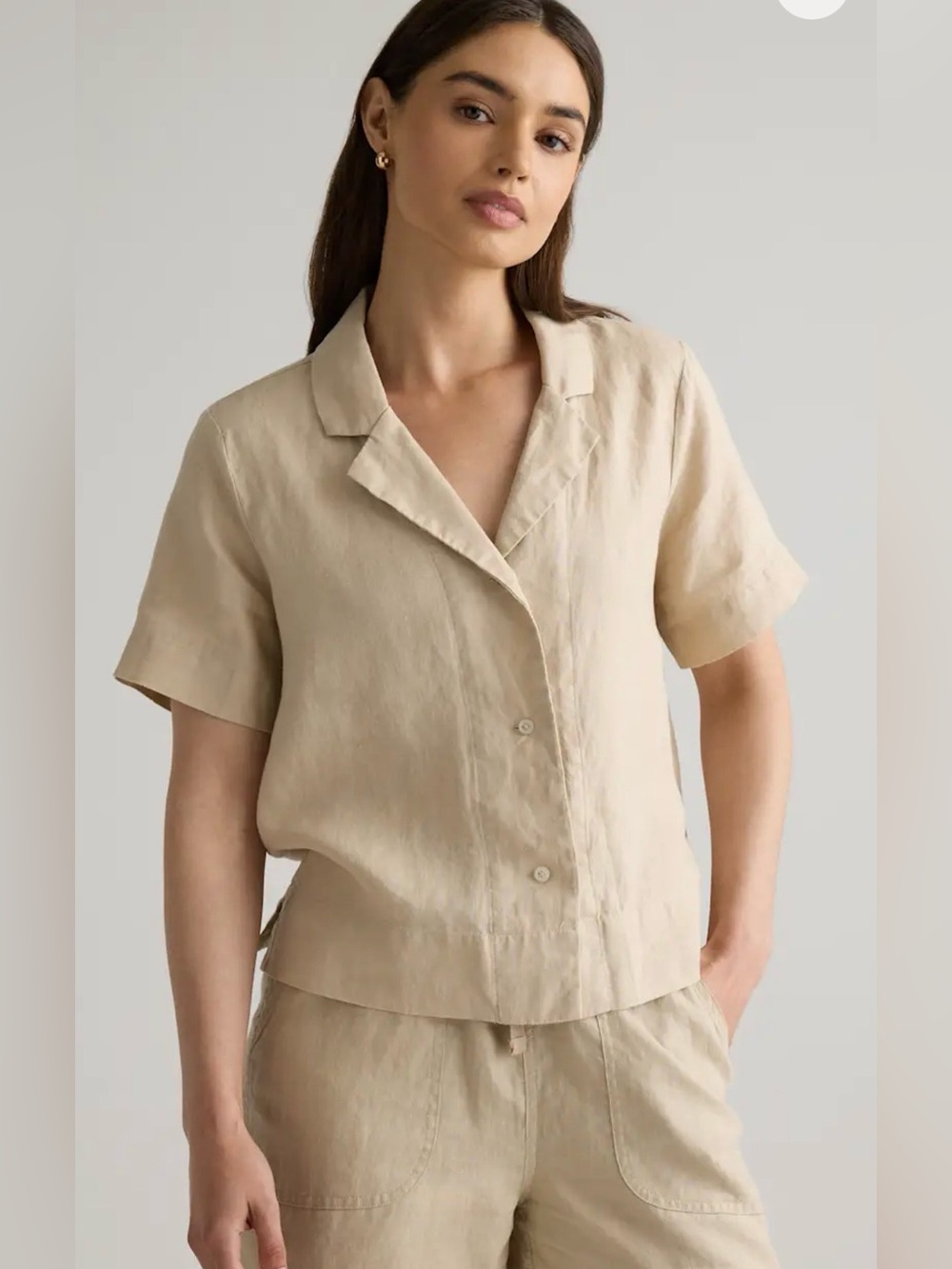 Quince 100% European Linen Short Sleeve Shirt Women’s M Driftwood Beige Boxy